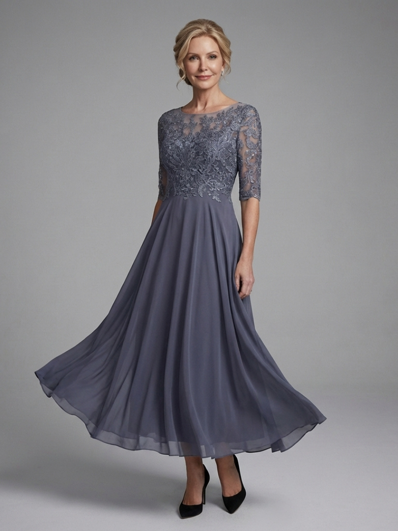 Olivine | Lace Bodice Sheer Sleeve Midi Dress