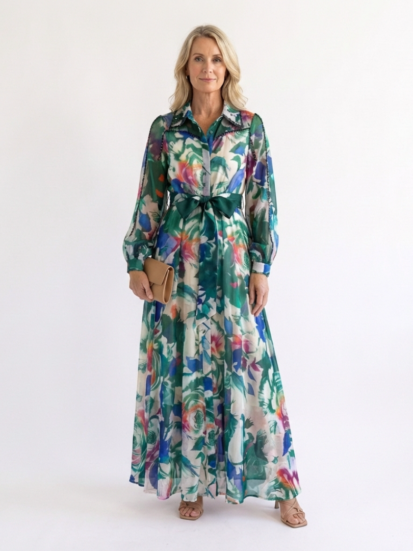 Carolina | Long Sleeve Printed Belted Maxi Dress