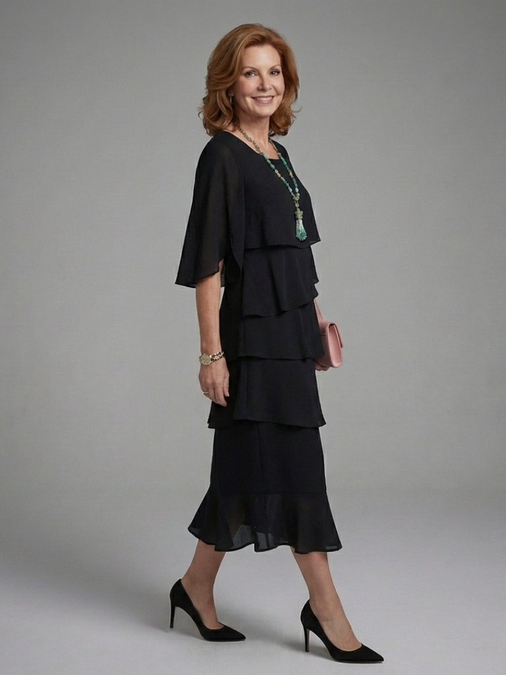 Maelis | Layered Cape Sleeve Midi Dress