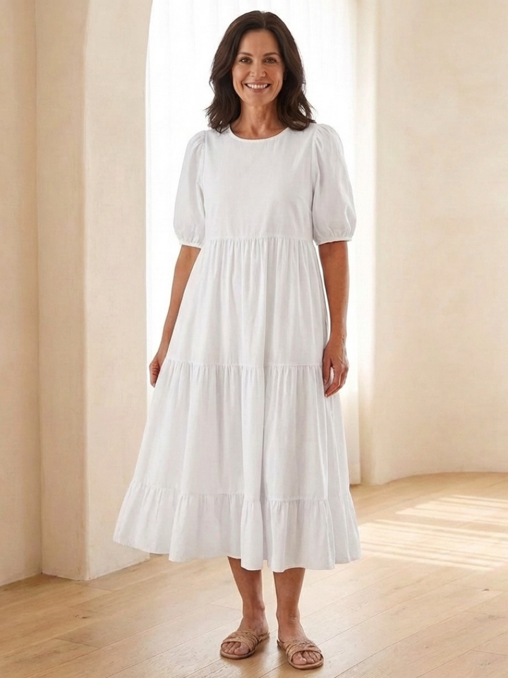 Brina | Round Neck Puff Sleeve Tiered Midi Dress