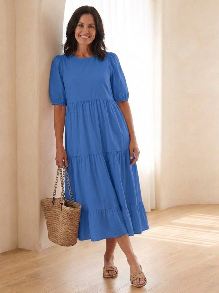 Brina | Round Neck Puff Sleeve Tiered Midi Dress