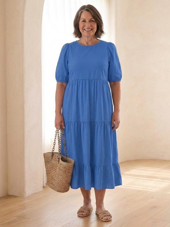 Brina | Round Neck Puff Sleeve Tiered Midi Dress