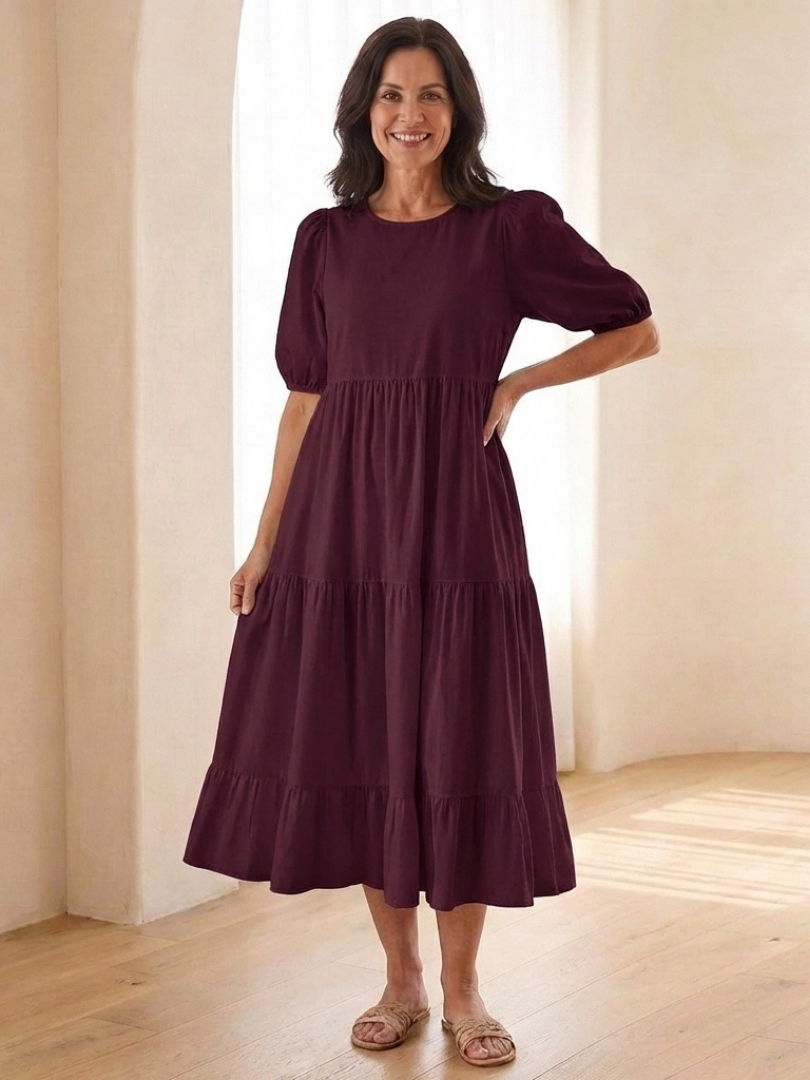 Brina | Round Neck Puff Sleeve Tiered Midi Dress