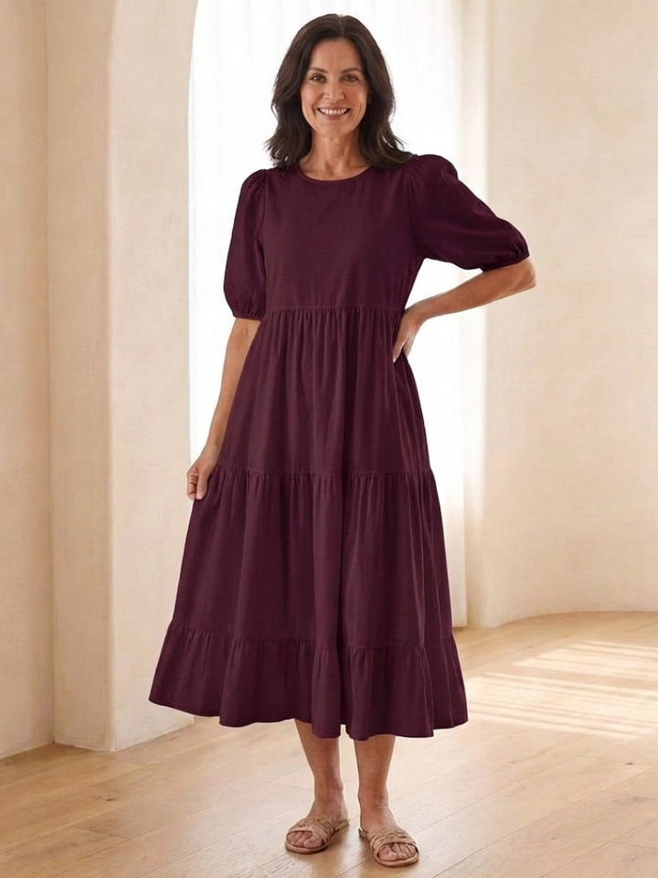 Brina | Round Neck Puff Sleeve Tiered Midi Dress