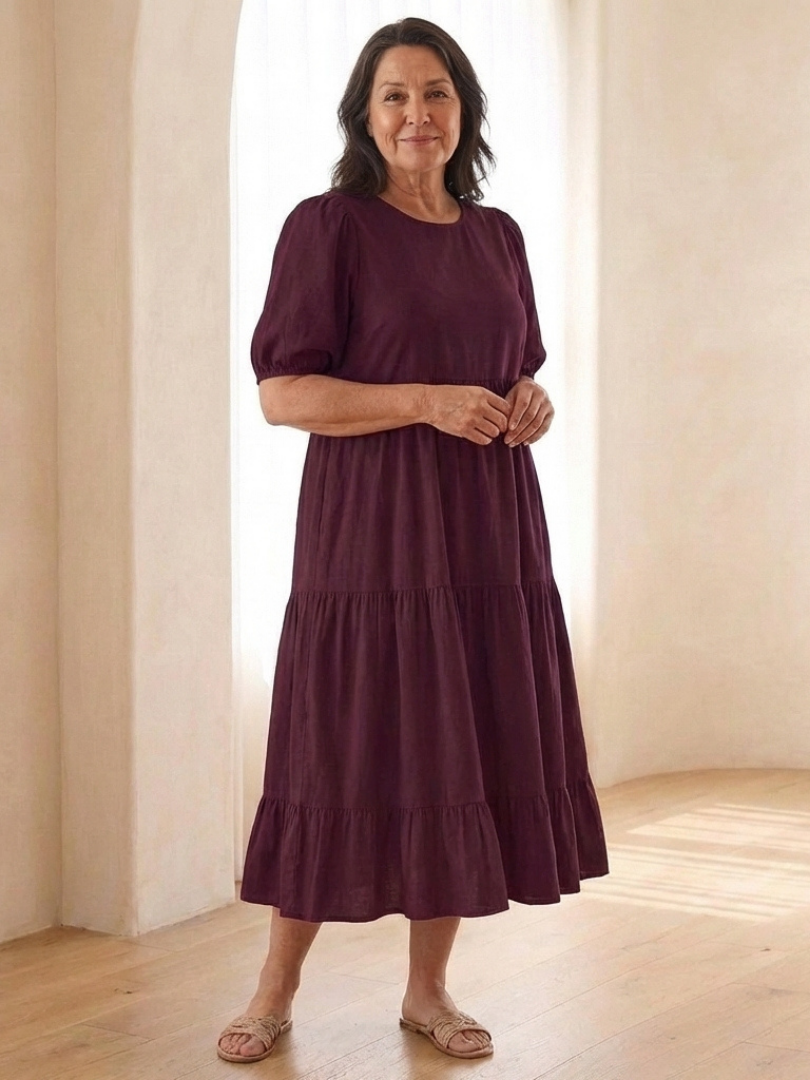 Brina | Round Neck Puff Sleeve Tiered Midi Dress