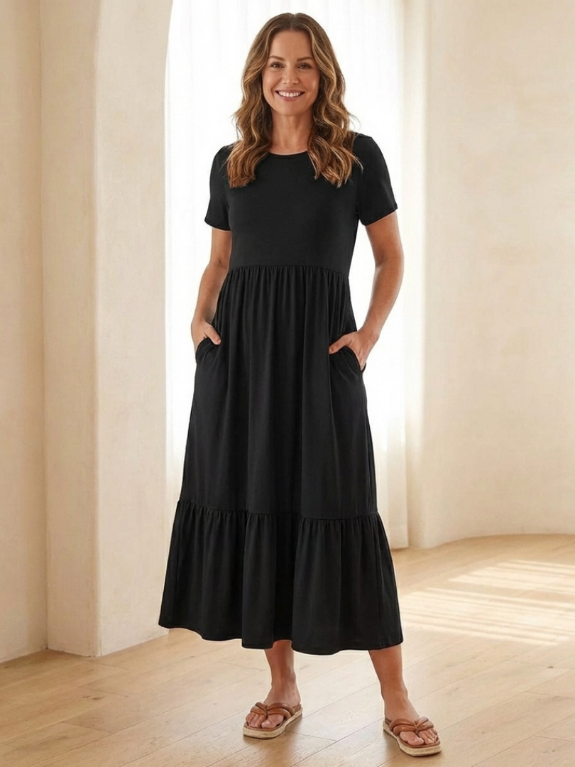Nerissa | Round Neck Short Sleeve Tiered Midi Dress