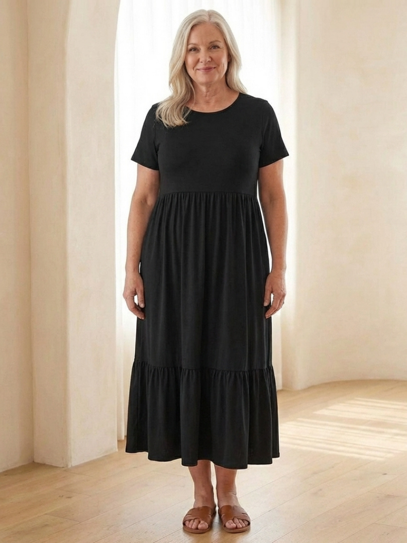 Nerissa | Round Neck Short Sleeve Tiered Midi Dress