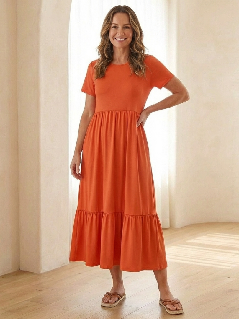 Nerissa | Round Neck Short Sleeve Tiered Midi Dress