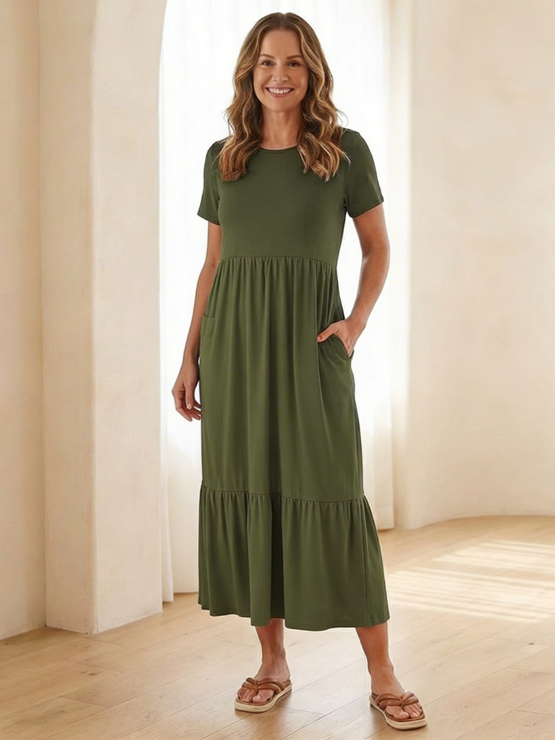 Nerissa | Round Neck Short Sleeve Tiered Midi Dress