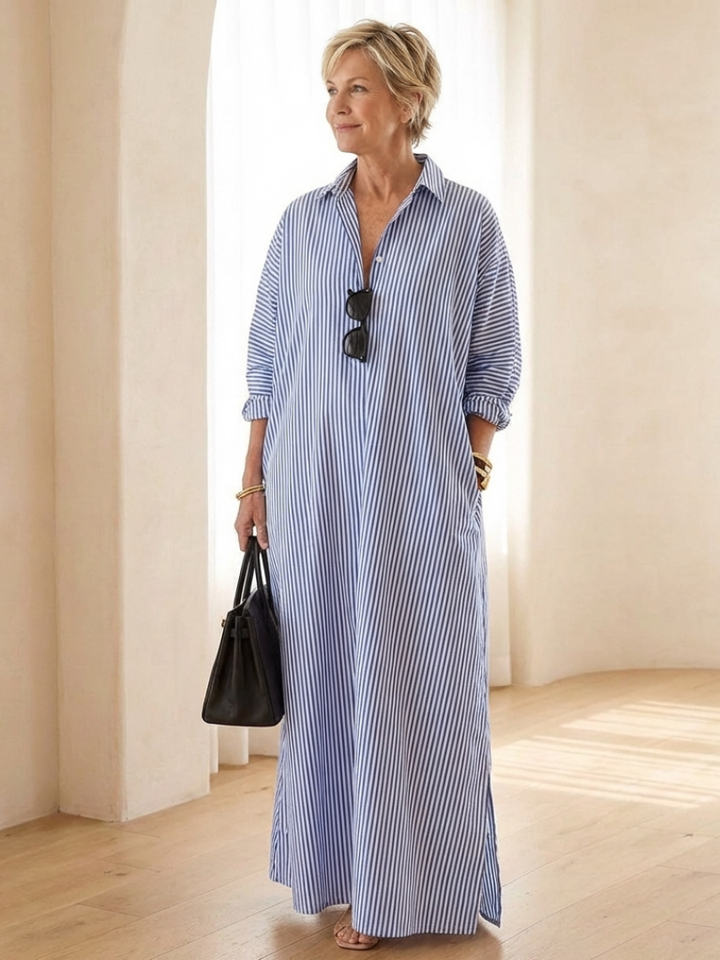 Serina | Striped Long Sleeve Collar Maxi Shirt Dress