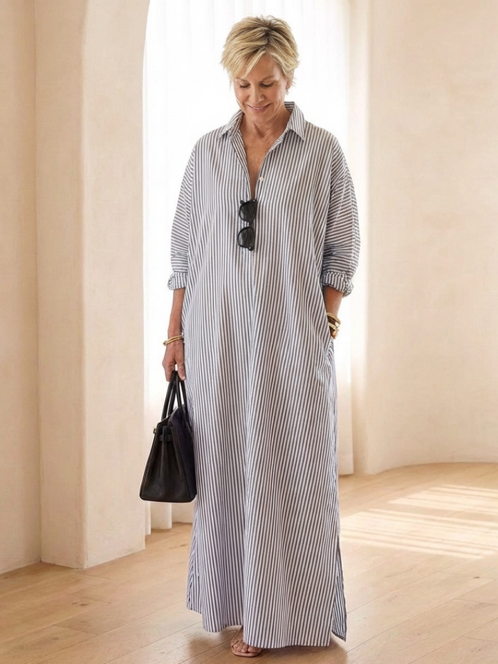 Serina | Striped Long Sleeve Collar Maxi Shirt Dress