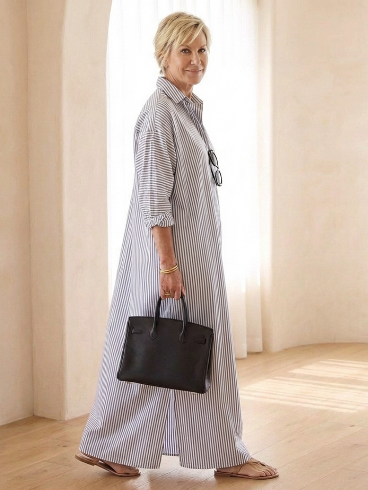 Serina | Striped Long Sleeve Collar Maxi Shirt Dress