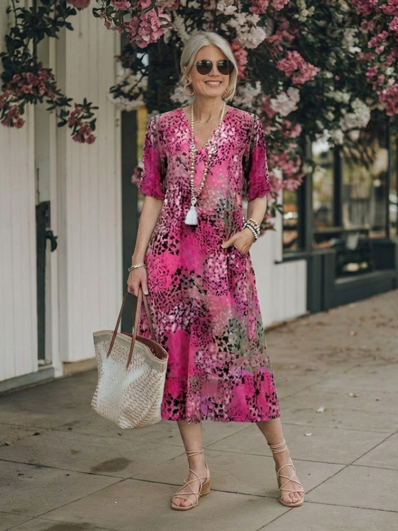 Althea | Short Sleeve V Neck Printed Midi Dress