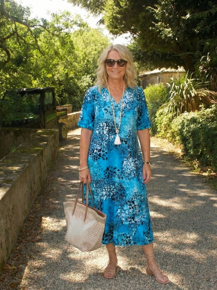 Althea | Short Sleeve V Neck Printed Midi Dress