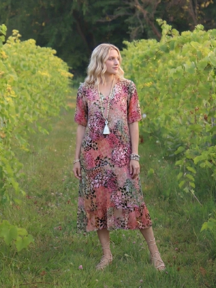 Althea | Short Sleeve V Neck Printed Midi Dress