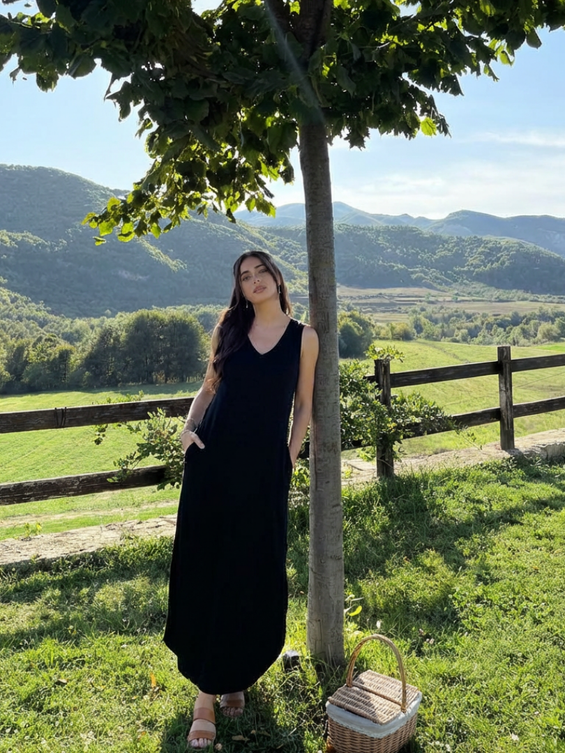 Liora | Sleeveless V Neck Pocket Maxi Dress