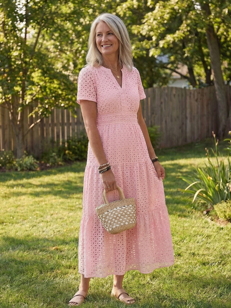 Odelisse | Short Sleeve Eyelet Tiered Midi Dress