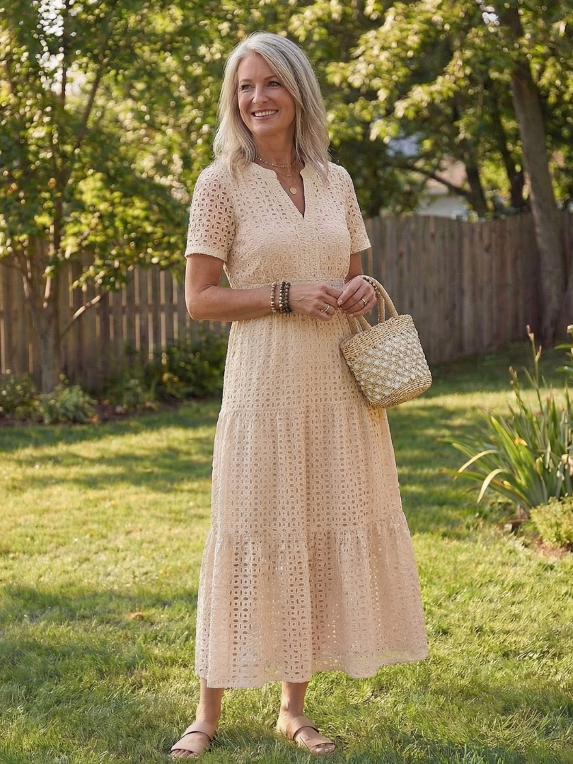 Odelisse | Short Sleeve Eyelet Tiered Midi Dress