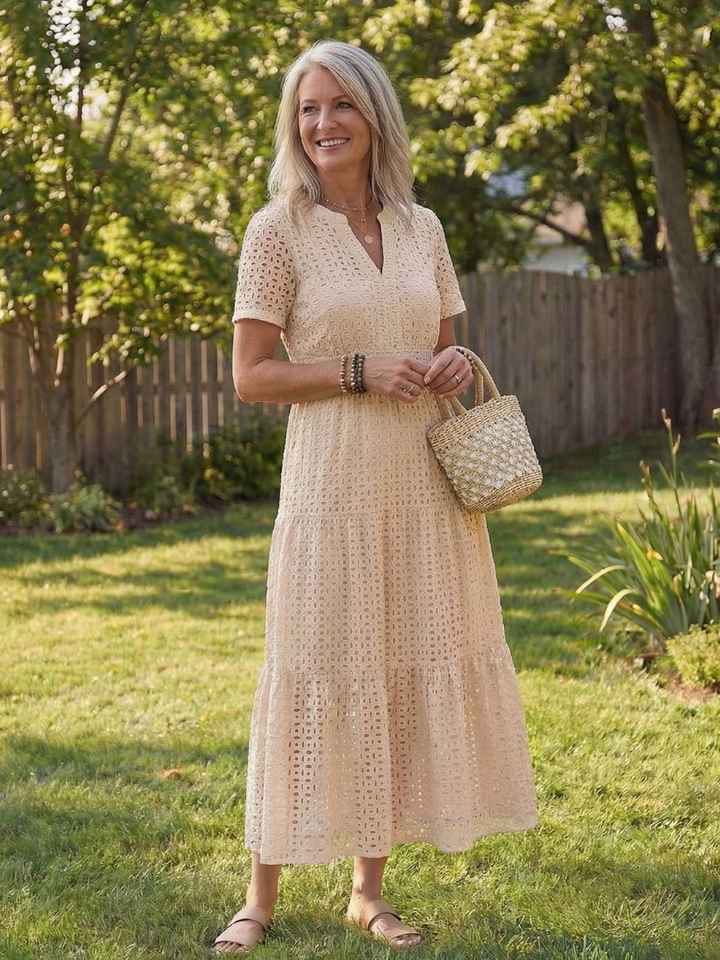 Odelisse | Short Sleeve Eyelet Tiered Midi Dress