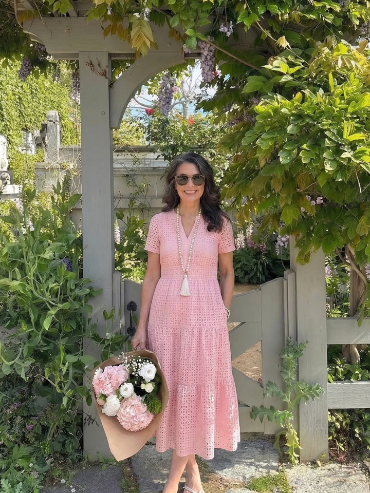 Odelisse | Short Sleeve Eyelet Tiered Midi Dress