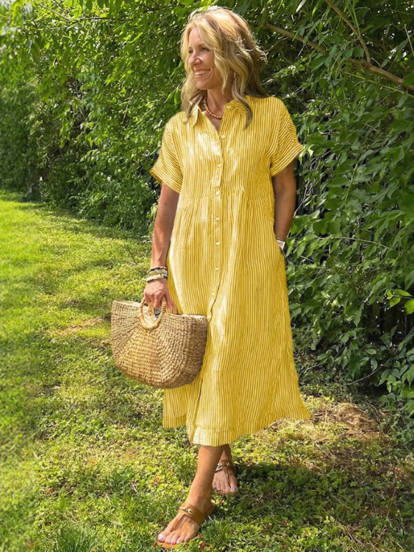 Olivienne | Short Sleeve Button Front Striped Midi Dress