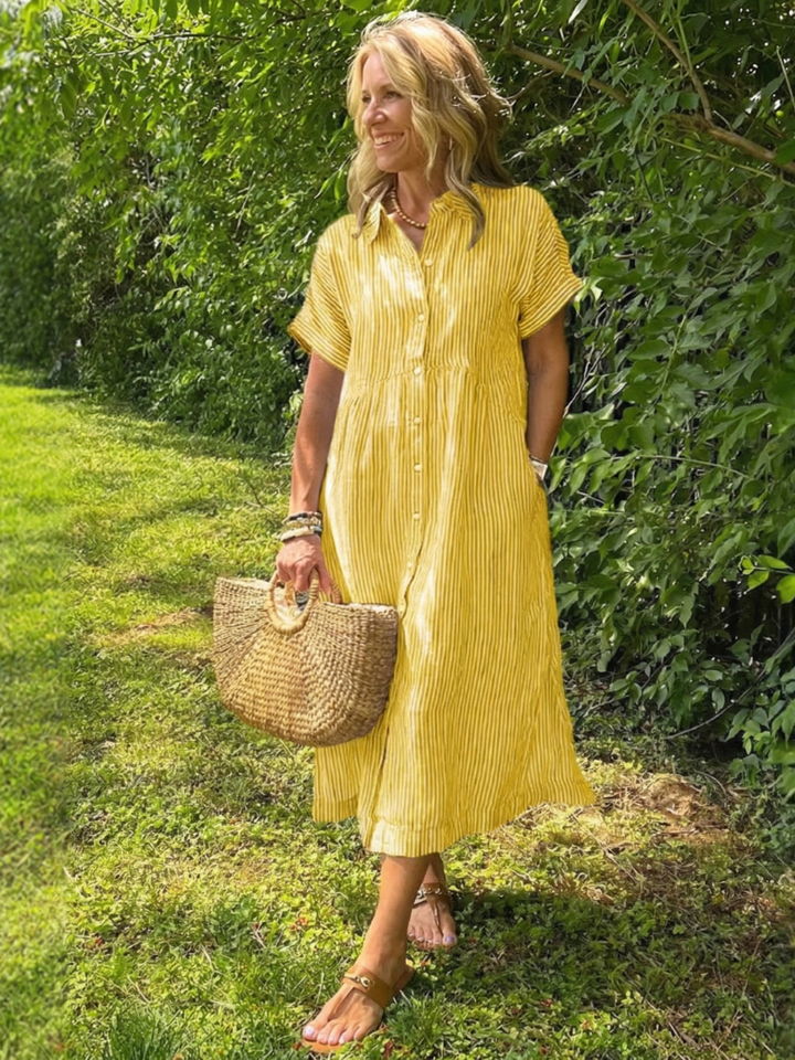 Olivienne | Short Sleeve Button Front Striped Midi Dress