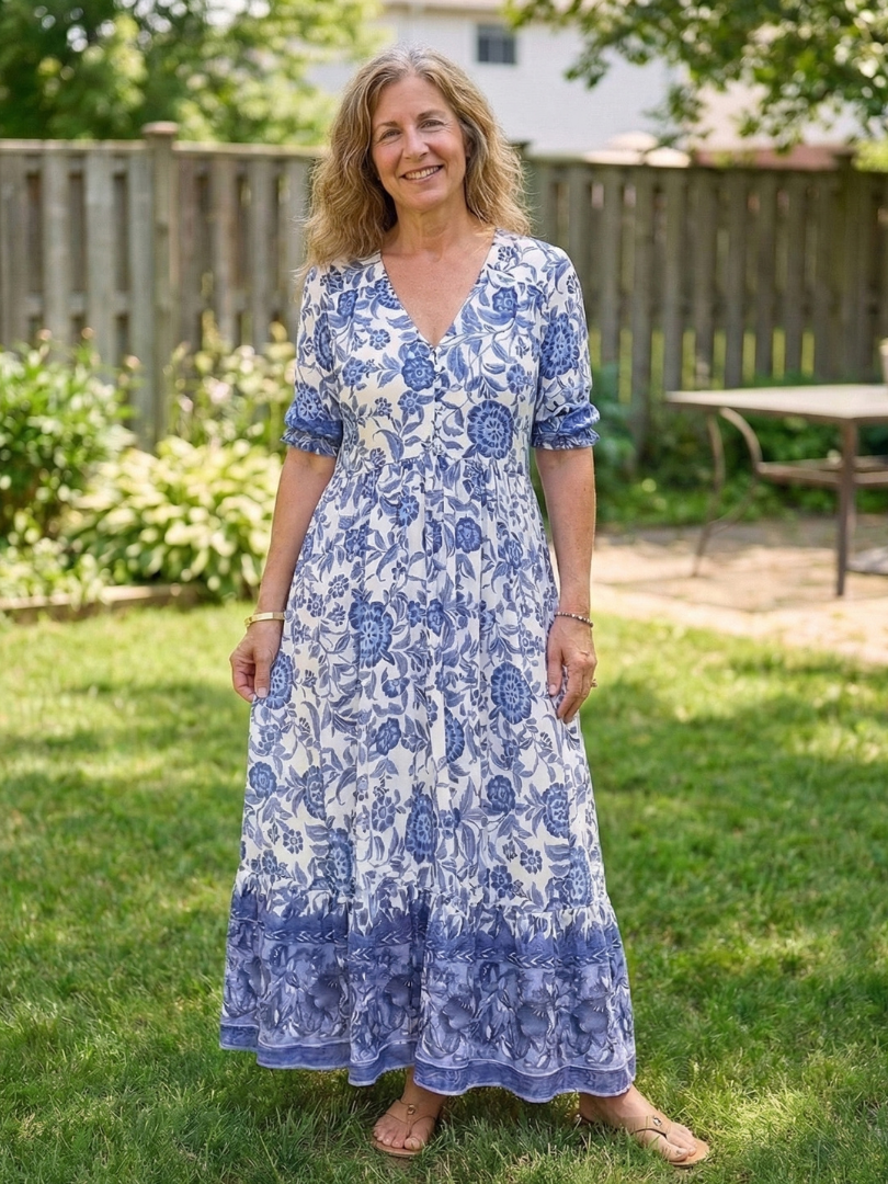 Calandra | Short Sleeve V Neck Floral Midi Dress