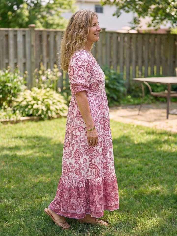 Calandra | Short Sleeve V Neck Floral Midi Dress