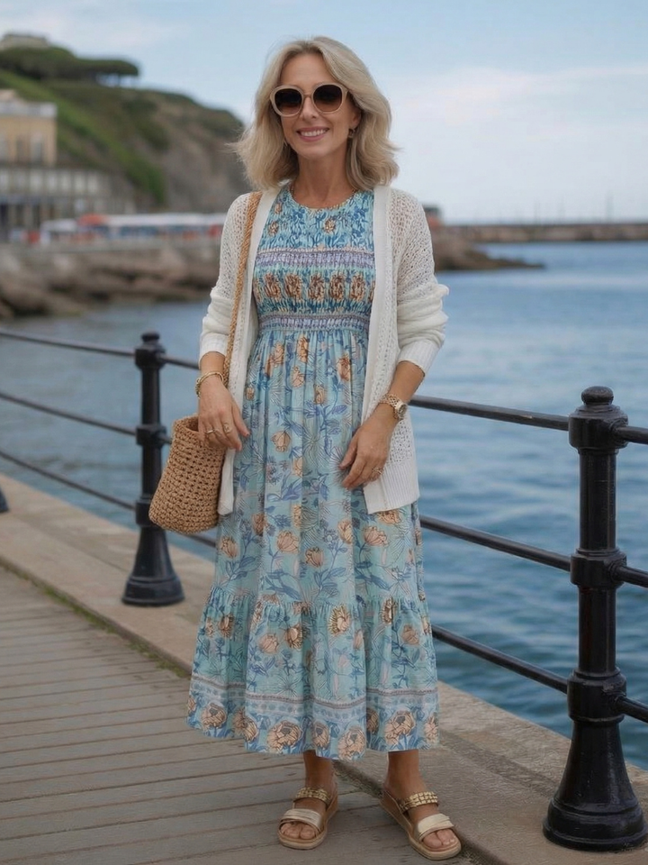 Mariselle | Half Sleeve Smocked Floral Midi Dress