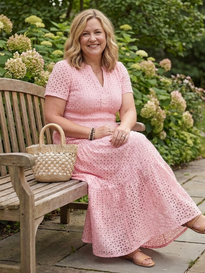 Odelisse | Short Sleeve Eyelet Tiered Midi Dress