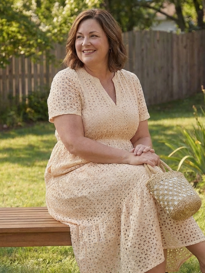 Odelisse | Short Sleeve Eyelet Tiered Midi Dress