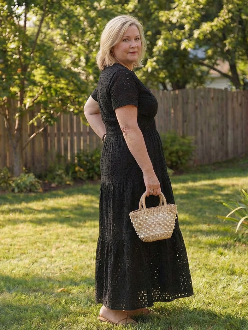 Odelisse | Short Sleeve Eyelet Tiered Midi Dress